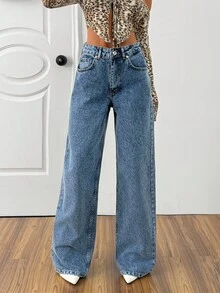 EURMUSE QUẦN DENIM THẲNG CAO CỠ THƯỜNG - Rửa trung bình - Xem 5