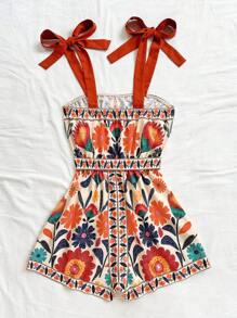 Soleia 女士彩色花卉印花短款连体裤，适合海滩、音乐节、嬉皮士、派对、约会、下午茶 - 彩色 - 查看 2