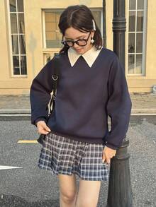 SHEIN 2pcs/Set White Collar Navy Sweatshirt + Plaid Pleated Mini Skirt Outfit Fall Winter