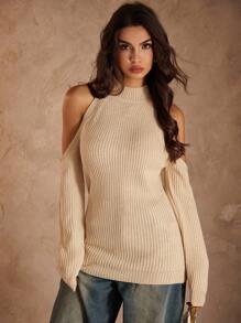 Chiquease Halloween Clothes Fall Women Clothes Women's Fashionable Solid Color Minimalist Ribbed Knit Cold Shoulder Sweater Knit Pullover Fall Winter - Apricot - View 4