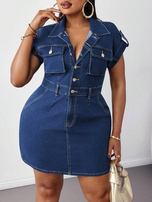 Slaydiva New Large Size Denim Dress Tight Sleeve Half Placket Lapel Dress Dark Blue Dress Fall Clothes Plus Size Fall Dress Dresses For Women Halloween Costumes Homecoming Dress Y2k Clothes Y2k Business Casual Woman Curve Old Money Style Women Gyaru Wrap Dress Curve Denim Dress Demin Dress For Curvy Women