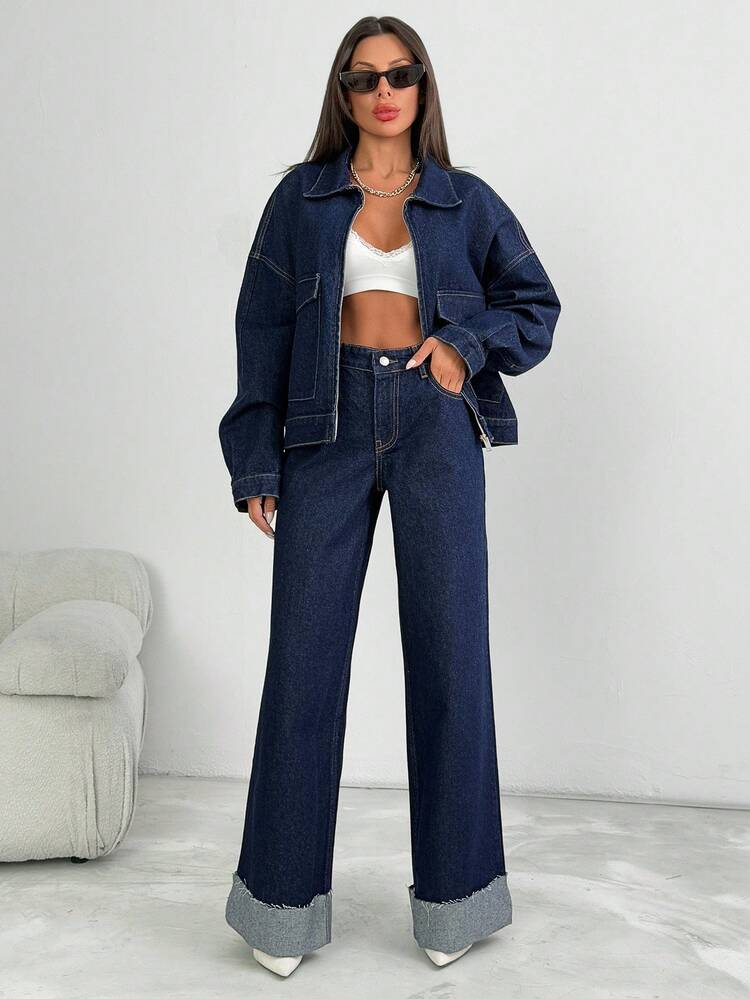 CasuGlow WOMEN Two Pieces OUTFIT DENIM JACKET AND WIDE LEG HIGH WAIST JEAN Denim Jacket And Jeans Set Womens Denim Two Piece Outfit 2 Piece Casual Set Women 2 Piece Denim Set Women Jean 2 Piece Set - Dark Wash - View 4