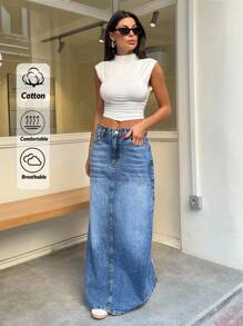 EURMUSE 100% Cotton WOMEN MID WAIST MAXI SKIRT - Light Wash - View 1