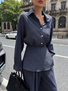 DAZY 3pcs Set: Striped Shirt, Fashionable Wide-Leg Pants, Stylish Design Lounge Sets For Women - Navy Blue - View 7