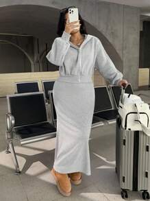 SHEIN EZwear 2 件套纯色落肩拉链连帽衫和吊带裙休闲大码套装 - 灰色 - 查看 4