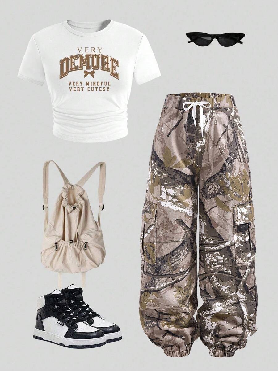 Tween Girl Camo Cargo Pants Tween Girl Denim Jeans, Fashion Personalized American Vintage Camouflage Cargo Loose Elastic Waist Casual Harem Pants, Unisex Relaxed Style Teen Girl Camo Sets Camo Pants Girl Camo Camo Multi-Pocket Street Style Cargo Pants Casual Fashion For School Everyday Holidays Outdoor Play And Vacation Wild West Brown Vacation Adventure Beige - Beige - View 1