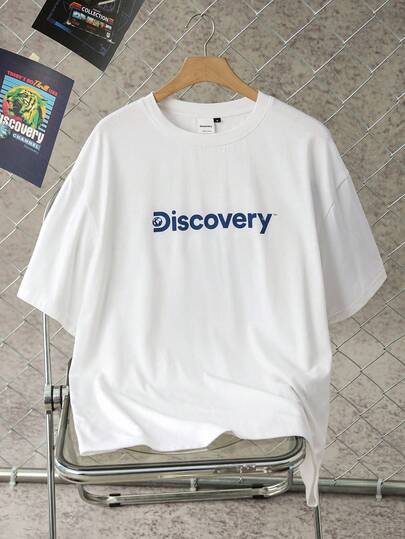 Discovery X SHEIN Men's Letter Graphic White Crew Neck Short Sleeve T-Shirt