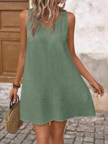 Brillora 夏季波西米亚风纯色镂空背心裙 - 綠色 - 查看 2