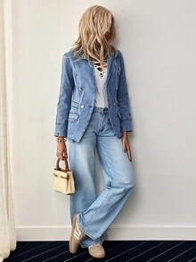 EMERY ROSE Women's Double-Breasted Decorated Blazer Collar Denim Jacket - Blue - View 5