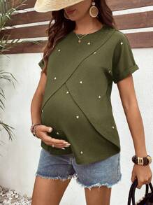 SHEIN 孕妇爱心刺绣圆领短袖休闲T恤