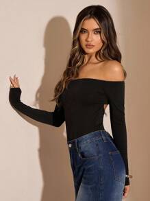 SHEIN BAE 1 件女士纯黑色露肩长袖露背紧身衣，优雅紧身衣，秋冬分层紧身衣 - 黑色 - 查看 5