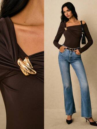 Poéselle Women's Solid Color Asymmetric Neckline Slim Fit Elegant Long Sleeve T-Shirt,Going Out Tops Women,Cute Shirts,Embroidered Top,Old Money,Elegant  Women,Vintage,Summer/Fall