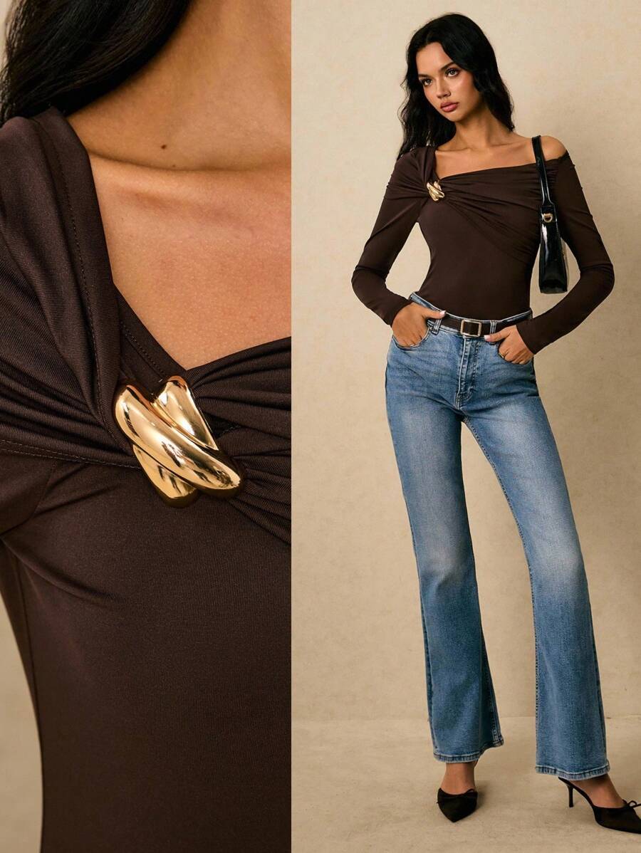 Poéselle Women's Solid Color Asymmetric Neckline Slim Fit Elegant Long Sleeve T-Shirt,Going Out Tops Women,Cute Shirts,Embroidered Top,Old Money,Elegant  Women,Vintage,Summer/Fall - Brown - View 1