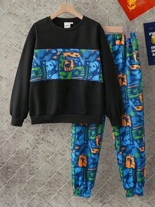 Discovery X SHEIN Tween Boys' Colorful Camo Plaid Dinosaur Print Patchwork Contrast Color Loose Drop Shoulder Sweatshirt & Pants Set, Autumn/Winter - Multicolor - View 1