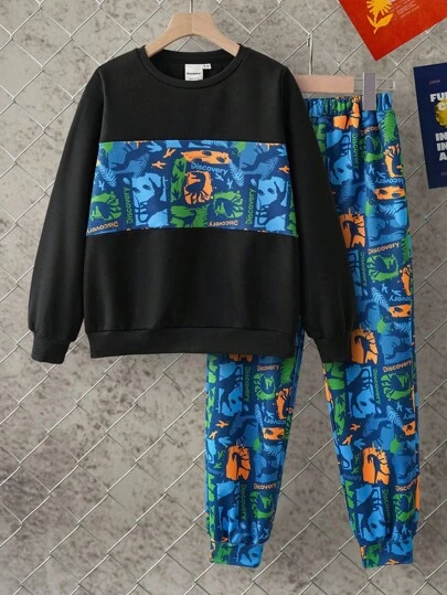 Discovery X SHEIN 秋冬款男童彩色迷彩格子恐龙印花拼接撞色宽松落肩卫衣和裤子套装