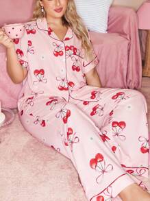 SHEIN Bộ đồ ngủ lãng mạn in họa tiết nơ và quả anh đào cỡ lớn, Giáng sinh - Nhiều màu - Xem 5