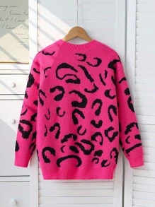 Sparklyn 秋冬款时尚休闲豹纹长款女童开衫 - 玫紅色 - 查看 2