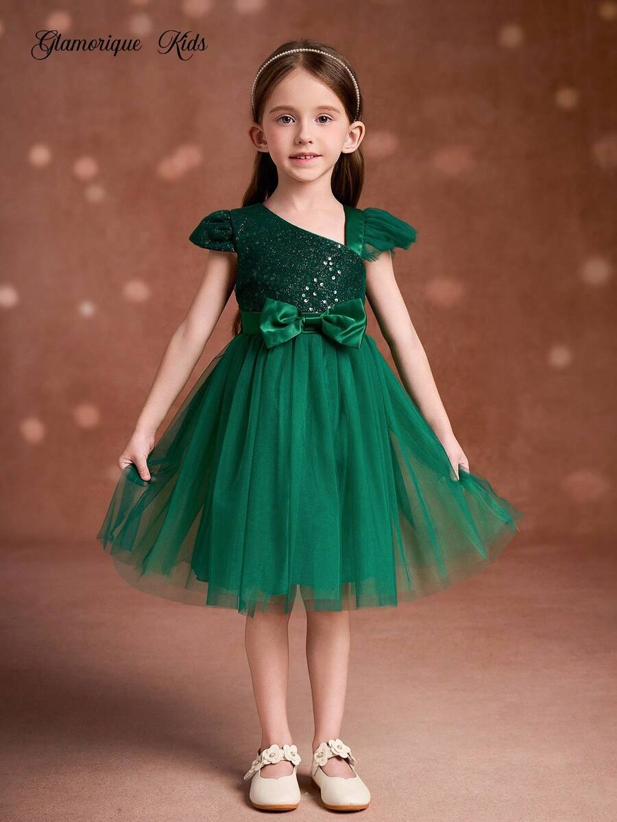 Glamorique Kids Vestido de Navidad para niños, vestido de fiesta, vestido de Santa, vestido de Año Nuevo, vestido de bola de Navidad para niños, vestido de princesa con tirantes asimétricos de niña, vestido de satén verde con brillo, vestido de malla verde con volumen, vestido con lazo, vestido de otoño, vestido para salida, vestido de cumpleaños de niños, vestido de Navidad, vestido de actuación, vestido de cuatro estaciones para Oriente Medio - Verde - Ver 1