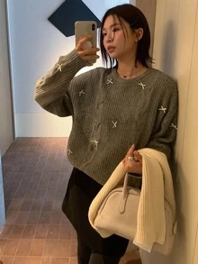 DAZY Suéter de cuello redondo de manga larga con nudo de lazo de punto trenzado de unicolor, informal, para primavera/otoño - Gris - Ver 14