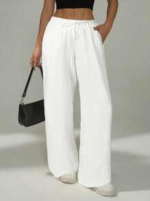 SHEIN PETITE Women Solid Color Waist-Tie Pockets Straight-Leg Pants,Business Casual Woman