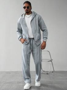 Manfinity Homme Men's Casual Everyday Commute Simple Solid Color Zip-Up Drawstring Hoodie And Seam Front Drawstring Waist Long Pants Set, Autumn,Fall Clothes