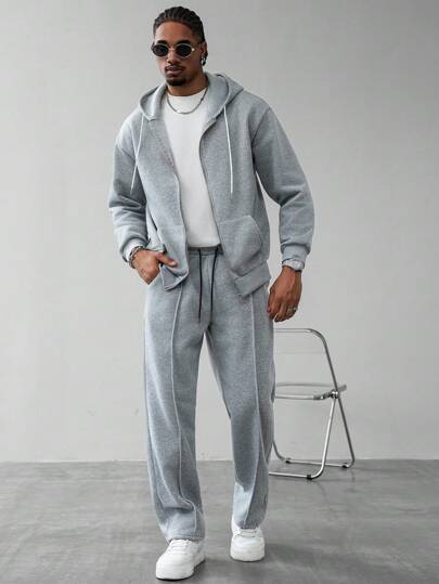 Manfinity Homme 男士休闲日常通勤简约纯色拉链抽绳连帽衫和前缝抽绳腰长裤套装，秋季，秋装