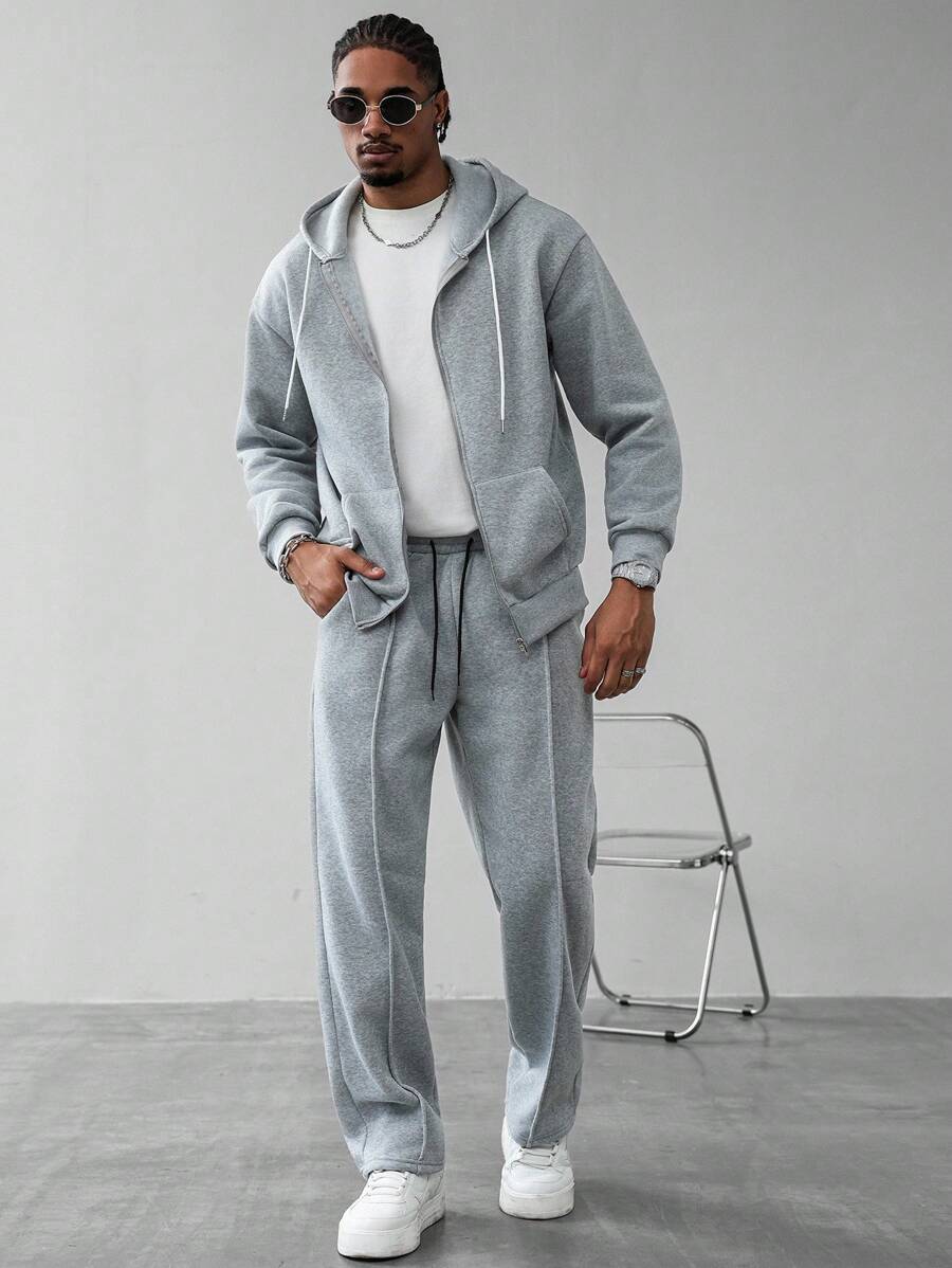 Manfinity Homme Bộ quần dài có dây rút phía trước, đơn giản, màu trơn, thoải mái khi đi làm hàng ngày dành cho nam, quần áo thu đông - Xám - Xem 1