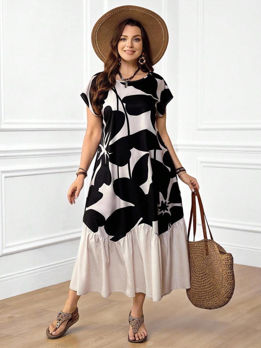 EMERY ROSE Große Größen Boho-Stil ärmellose einfarbige Blumen Muster Patchwork Saum langes Kleid, Frühling/Sommer - Verschiedenfarbig - Übersicht 1