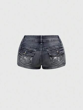 Shorts vaqueros de tiro bajo súper cortos para mujer con bordado de mariposa, strass y efecto desgastado vintage