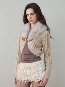 Fairycore Y2K Style Furry Collar Patchwork Inverted Triangle Hem Cropped Cardigan For Women - Khaki - View 4