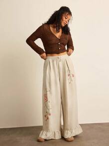 SHEIN VCAY Pantalones anchos de pierna ancha con cordón, de ajuste holgado y casual para mujer de talla grande. Pantalones versátiles de estilo occidental, bohemio, para trabajo, salir y festivales, ideales para otoño e invierno. - Albaricoque - Ver 3