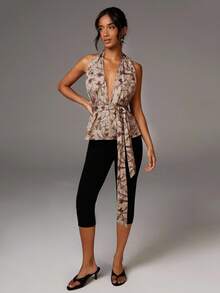 Athîral Women's Sexy Maple Leaf Print Backless Halter Top, Summer