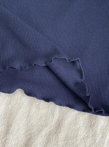 SHEIN Genkimix Kids Young Girl' Navy Blue Ribbed Cherry Print Long Sleeve Top & Ribbed Pants Pajama Set Fall Winter - Multicolor - View 3