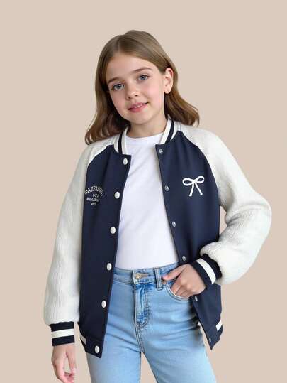 SHEIN Explorewe 青少年女孩休闲蓝色拼接白色针织纹理面料棒球夹克外套，2025 秋冬开学季儿童学院装和校园运动装