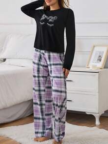 EURMUSE 加字母和格子印花长袖上衣配裤子睡衣套装睡衣套装 - 黑色 - 查看 4