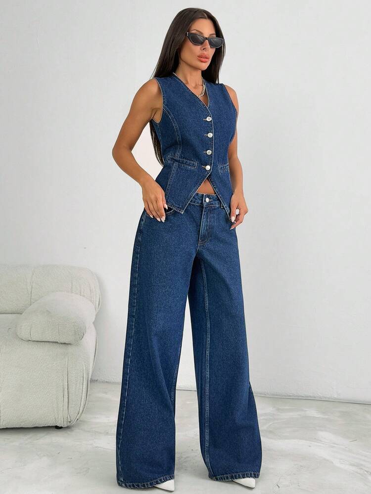 EURMUSE Women's Dark Wash Denim Two-Piece Set With V-Neck Camisole And Wide-Leg Pants - Dark Wash - View 3