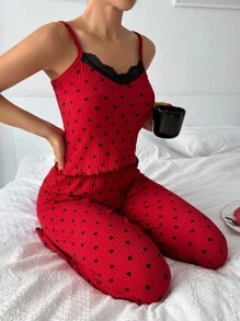 EURMUSE 2Pcs Cotton Red Heart Pattern  Trim Cami Top With Lace Detail Homewear Set