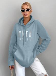 EURMUSE Sudadera Con Capucha Con Diseño De Impresión De Texto Y Cordón Ajustable - Celeste - Ver 5