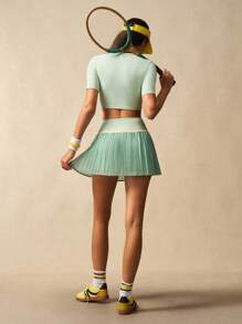 VARSIVA Women's Multicolor Knitted Colorblock Crop Sports Set With Round Neck And Short Sleeves Tennis Skirt Set Women Tennis Outfit 2 Pieces Workout Set Women Pleated Tennis Skirt Athletic Skirt Set