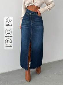 EURMUSE 100% Baumwolle ASYMMETRISCHER GÜRTEL MIT SCHLITZDETAIL MAXI Denim Rock - Mittele Waschung - Übersicht 1