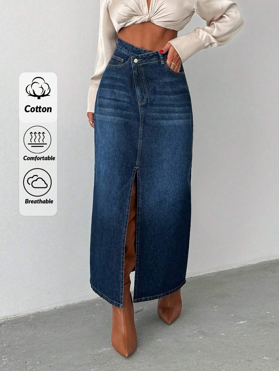 EURMUSE 100% Baumwolle ASYMMETRISCHER GÜRTEL MIT SCHLITZDETAIL MAXI Denim Rock - Mittele Waschung - Übersicht 1