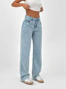SHEIN Cottnline 100%Cotton HIGH RISE STRAIGHT CUT RIPPED SNOW WASH WOMEN LIGHT BLUE JEAN - Light Wash - View 4