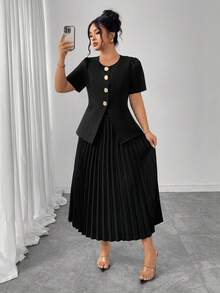 Elenzga Plus Size Women Metal Button Decor Round Neck Top And Pleated Skirt Elegant 2 Pieces Set