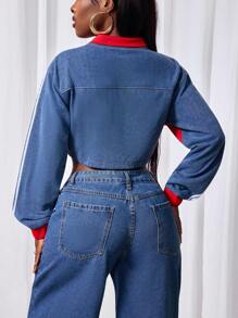 Slaydiva Chaqueta de mezclilla corta de mujer con bloqueo de color lavado