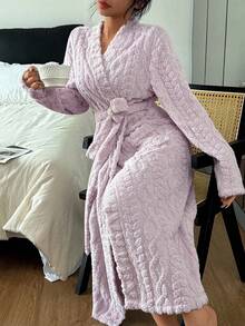 SHEIN Solid Color Soft & Fluffy Jacquard Fleece Women's Bathrobe, Autumn/Winter, Fall, Cozy - Mauve Purple - View 6