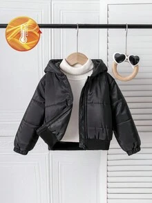 Kleine Mädchen Einfarbige Lange Ärmel Reißverschluss Kragen Lässige Kapuzen Winter Jacke - Schwarz - Übersicht 1