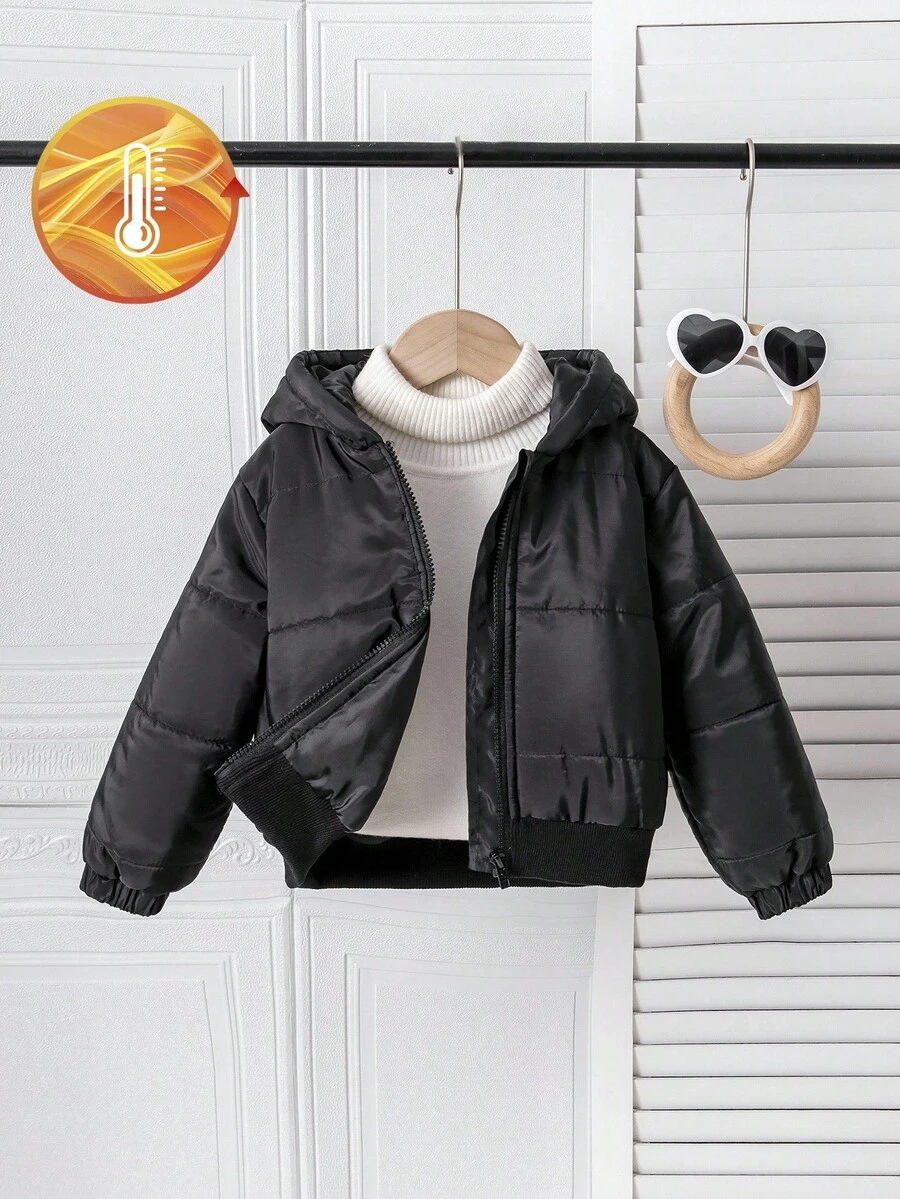 Kleine Mädchen Einfarbige Lange Ärmel Reißverschluss Kragen Lässige Kapuzen Winter Jacke - Schwarz - Übersicht 1