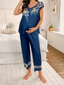 Moonlight&Mama Moonlight & Mama Vintage Print V-Neck Short Sleeve Casual Maternity Pajama Set - Navy Blue - View 3