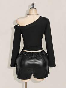 SHEIN ICON Áo len dệt kim tay dài đính lỗ kim loại chéo vai cỡ lớn, thời trang thu đông Y2K cổ điển - màu đen - Xem 2