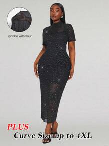 SHEIN SXY Plus Size Women's Sexy Party Tight Black Mesh Splicing Sequins Tight Fitted Short Sleeve Black Bodycon Dress, Suitable For Everyday Wear, Festival, Date Night, Birthday, Bachelorette Party Outfit, Wedding, Elegant, Casual, Shopping, Streetwear, Going Out, Easy To Match & Looks Slim, Accent Your Body, Flatter The Figure - Black - View 3